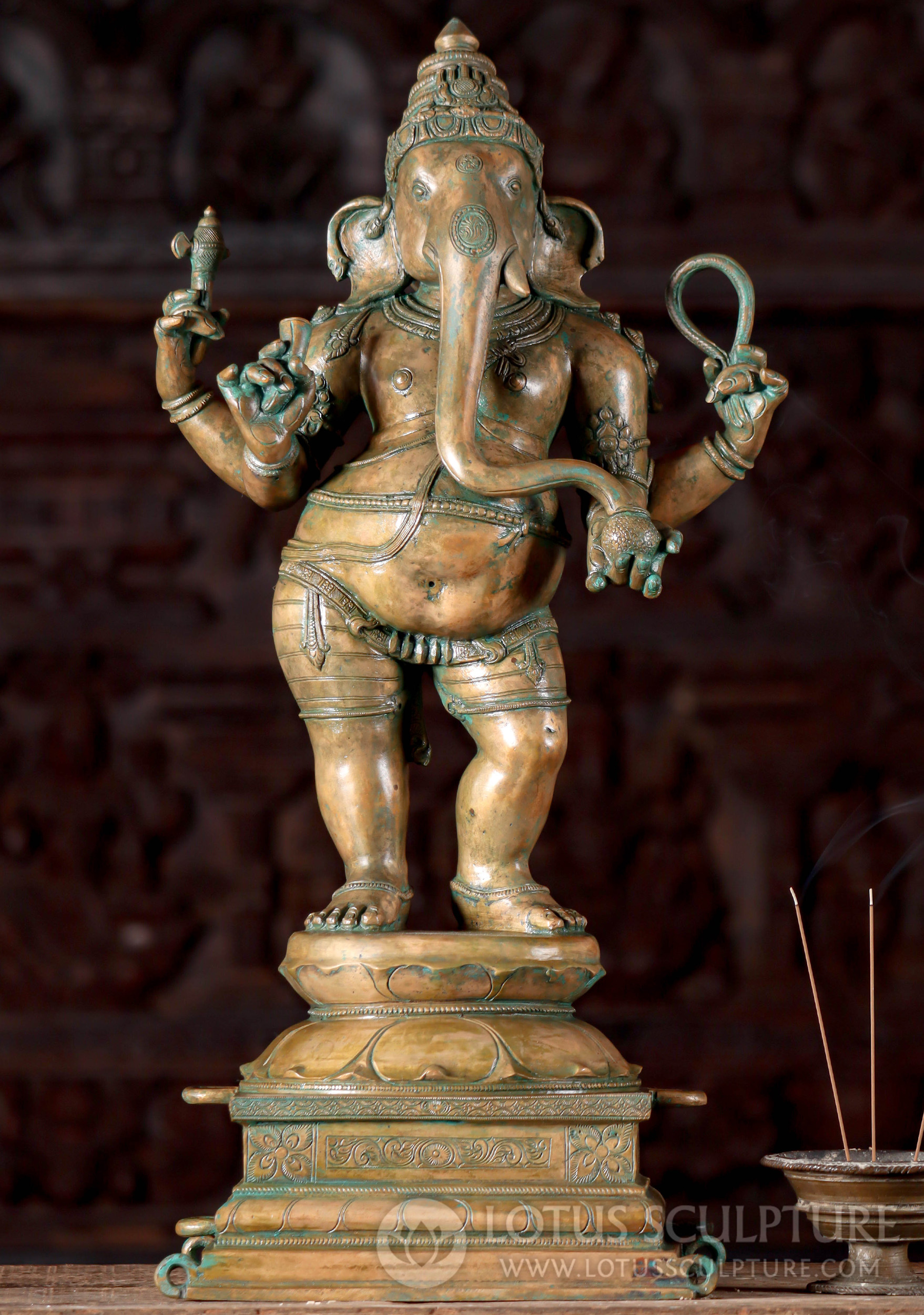 Hindu Ganesh Bronze Sculpture Trunk to His Left with Goad, Noose, Tusk & Sweets 23"