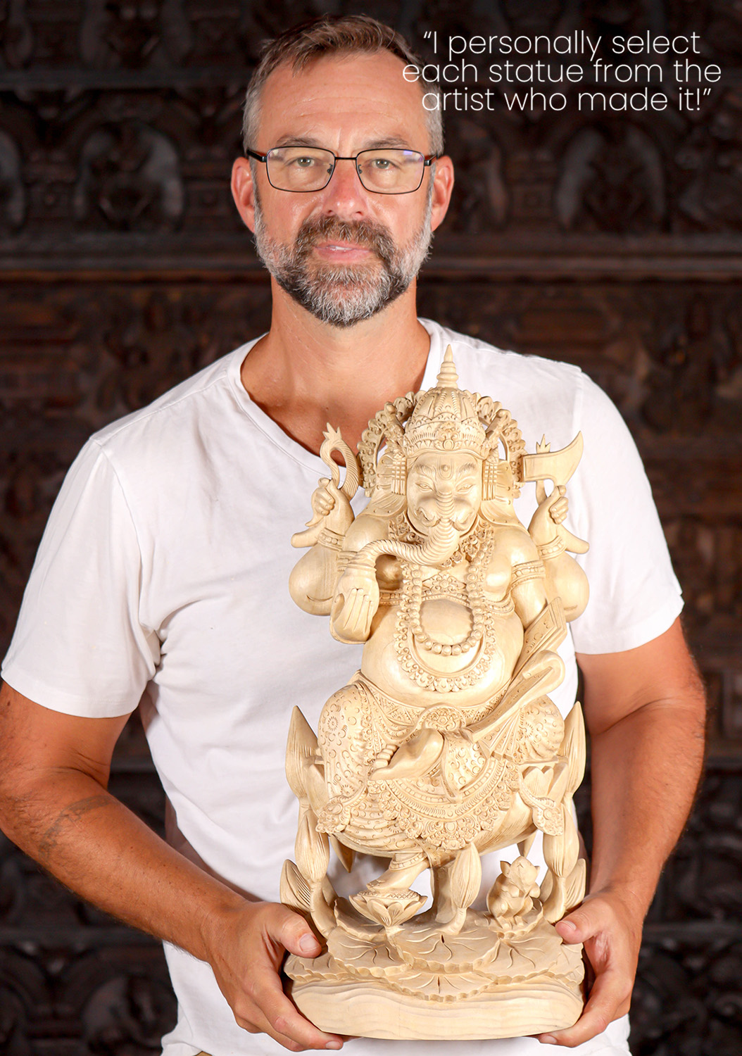 Ganesha Hand-Carved Wood Statue on Lotus with Lily Pads & Vahana Mooshika 22"