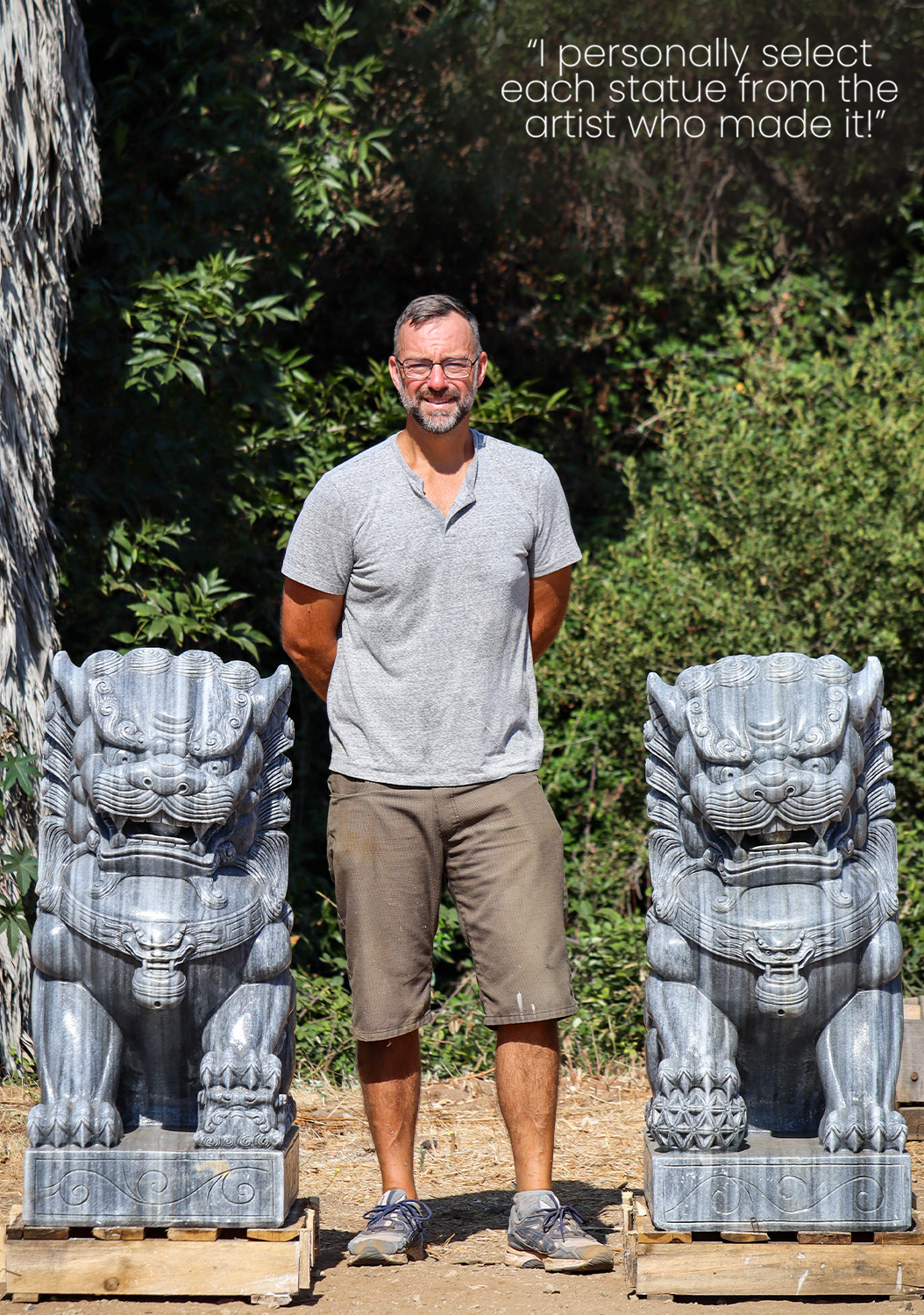 Foo Dogs Shishi Lions - Pair of Hand-Carved Gray Marble Chinese Guardian Lions 42"