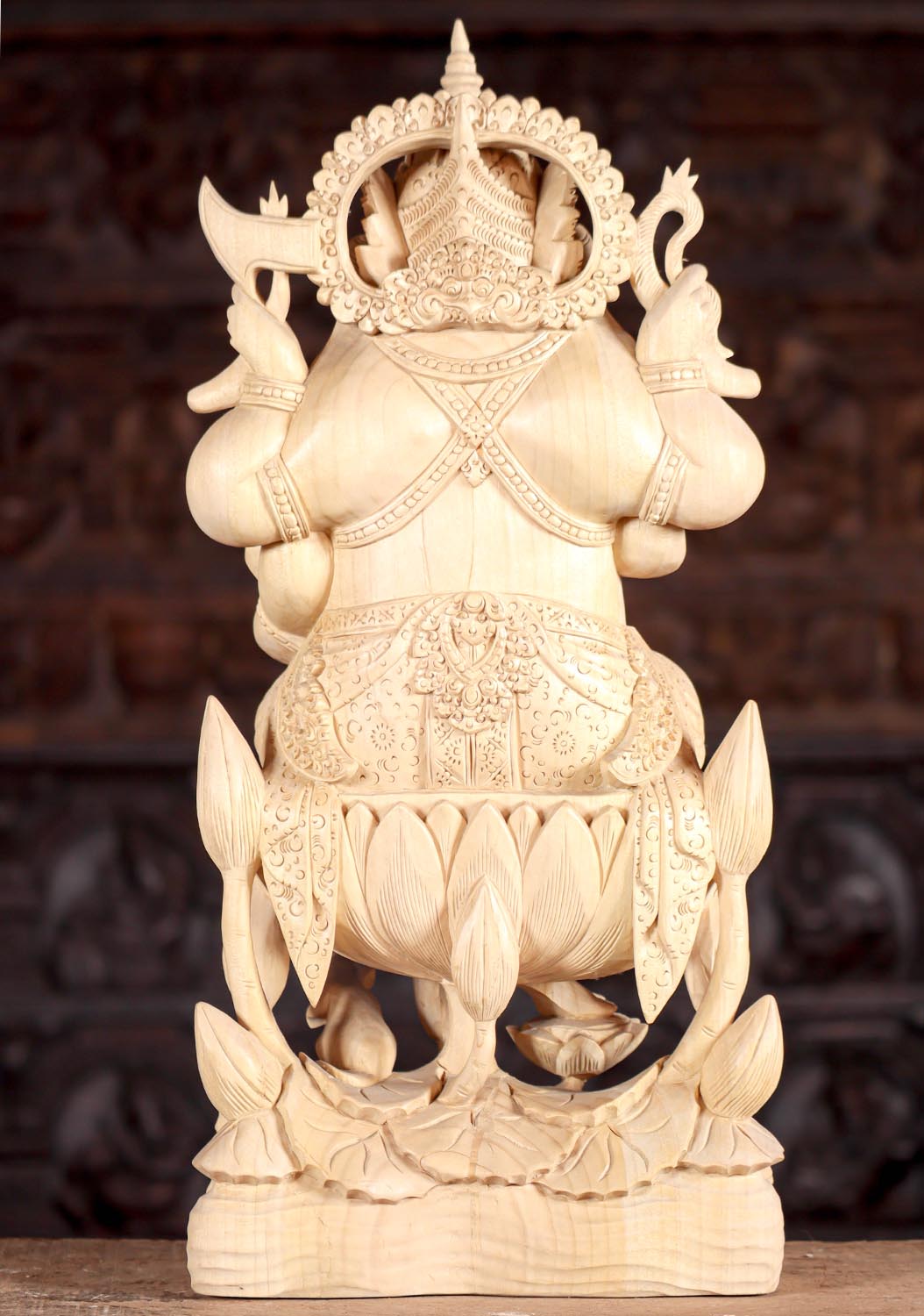 Ganesha Hand-Carved Wood Statue on Lotus with Lily Pads & Vahana Mooshika 22"