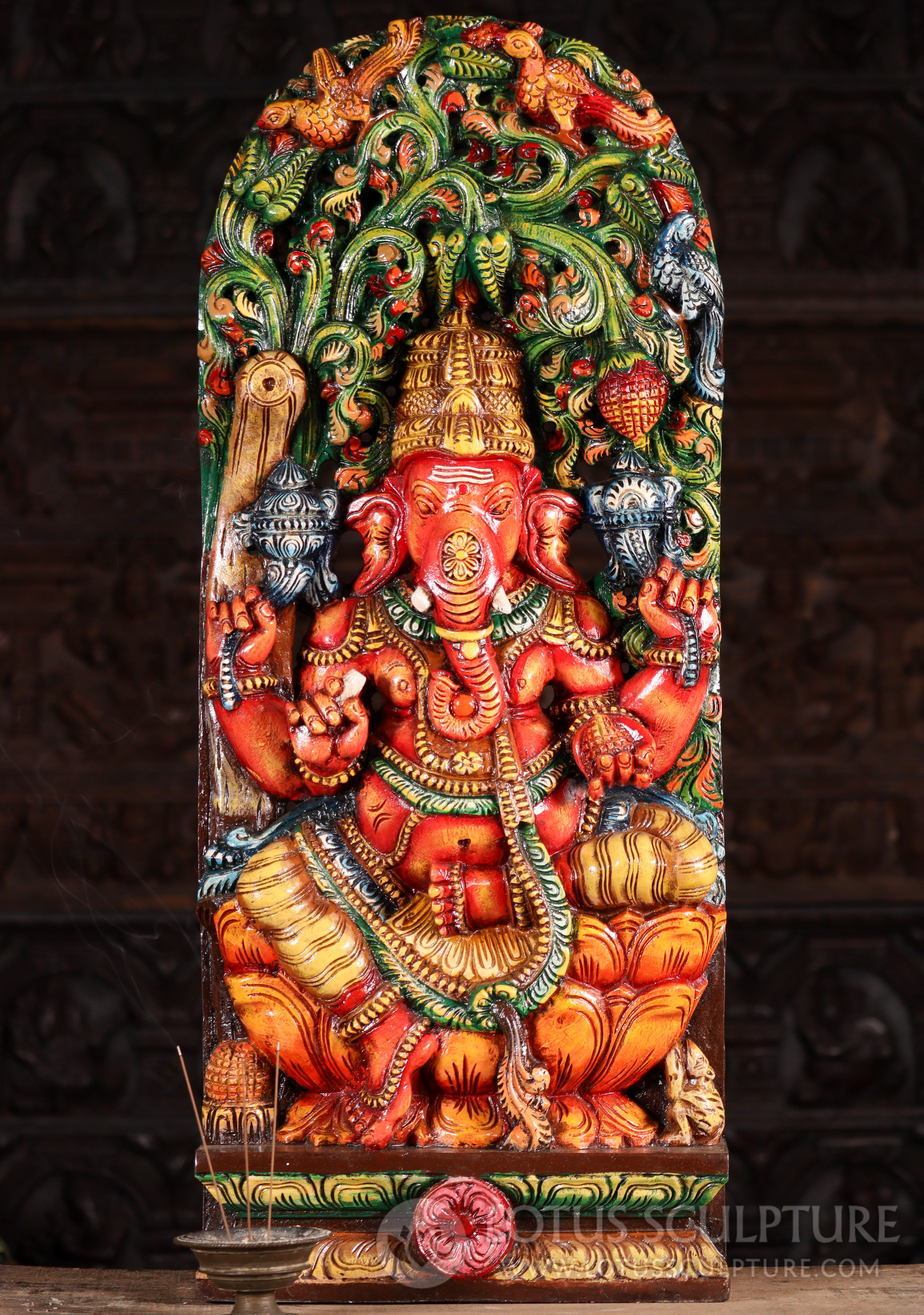 Ganesh Wood Sculpture Hindu God Seated on Lotus Under Canopy with Parrots 36"