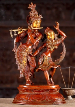 Gopal Krishna Statue Playing the Flute with His Beloved Radha Dancing to His Melodies Brass 17" Gopal Krishna Statue Playing the Flute with His Beloved Radha Dancing to His Melodies Brass 17"