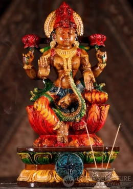 Lakshmi Wooden Sculpture with Two Lotus Flowers in Abhaya and Varada Mudras 18" Lakshmi Wooden Sculpture with Two Lotus Flowers in Abhaya and Varada Mudras 18"