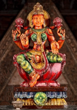 Lakshmi Wood Sculpture in Abhaya and Varada Mudras with Lotus Flowers on a Lotus Base 24" Lakshmi Wood Sculpture in Abhaya and Varada Mudras with Lotus Flowers on a Lotus Base 24"