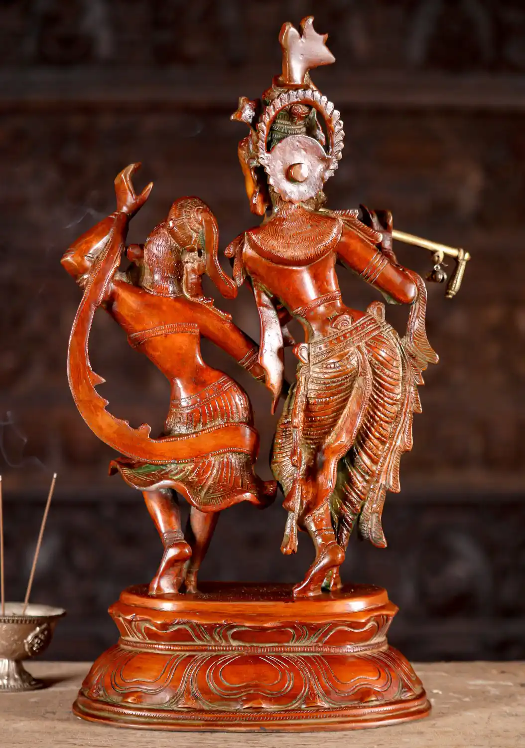 Gopal Krishna Statue Playing the Flute with His Beloved Radha Dancing to His Melodies Brass 17"