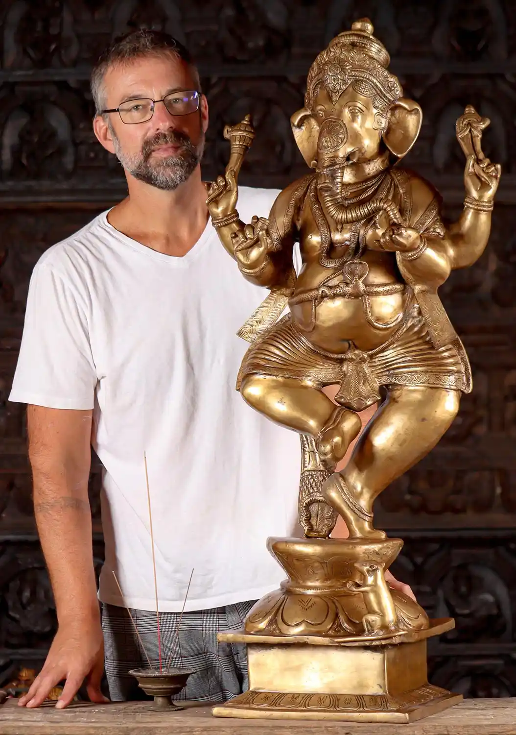Large Brass Dancing Ganesha Statue Holding His Tusk He Used to Write the Mahabharata Epic 43"