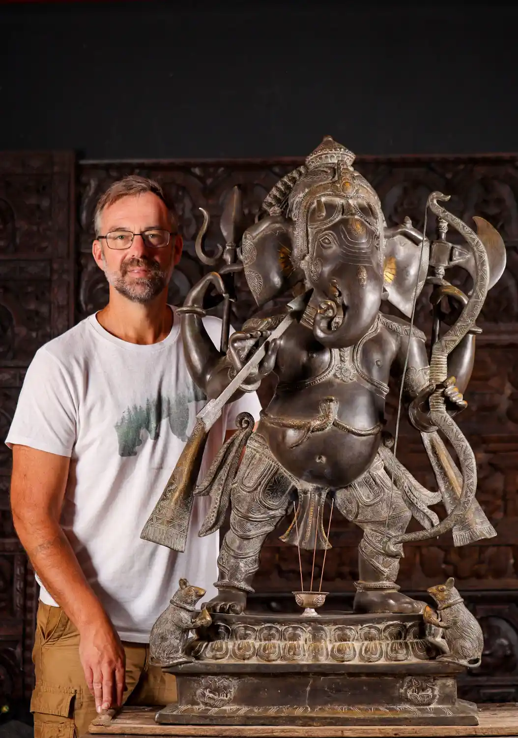 Large Brass Ganesh Statue Holding Trident, Goad, Bow & Arrow with 2 Musical Rats on Base 45"