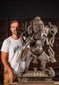 Large Brass Ganesh Statue Holding Trident, Goad, Bow & Arrow with 2 Musical Rats on Base 45"