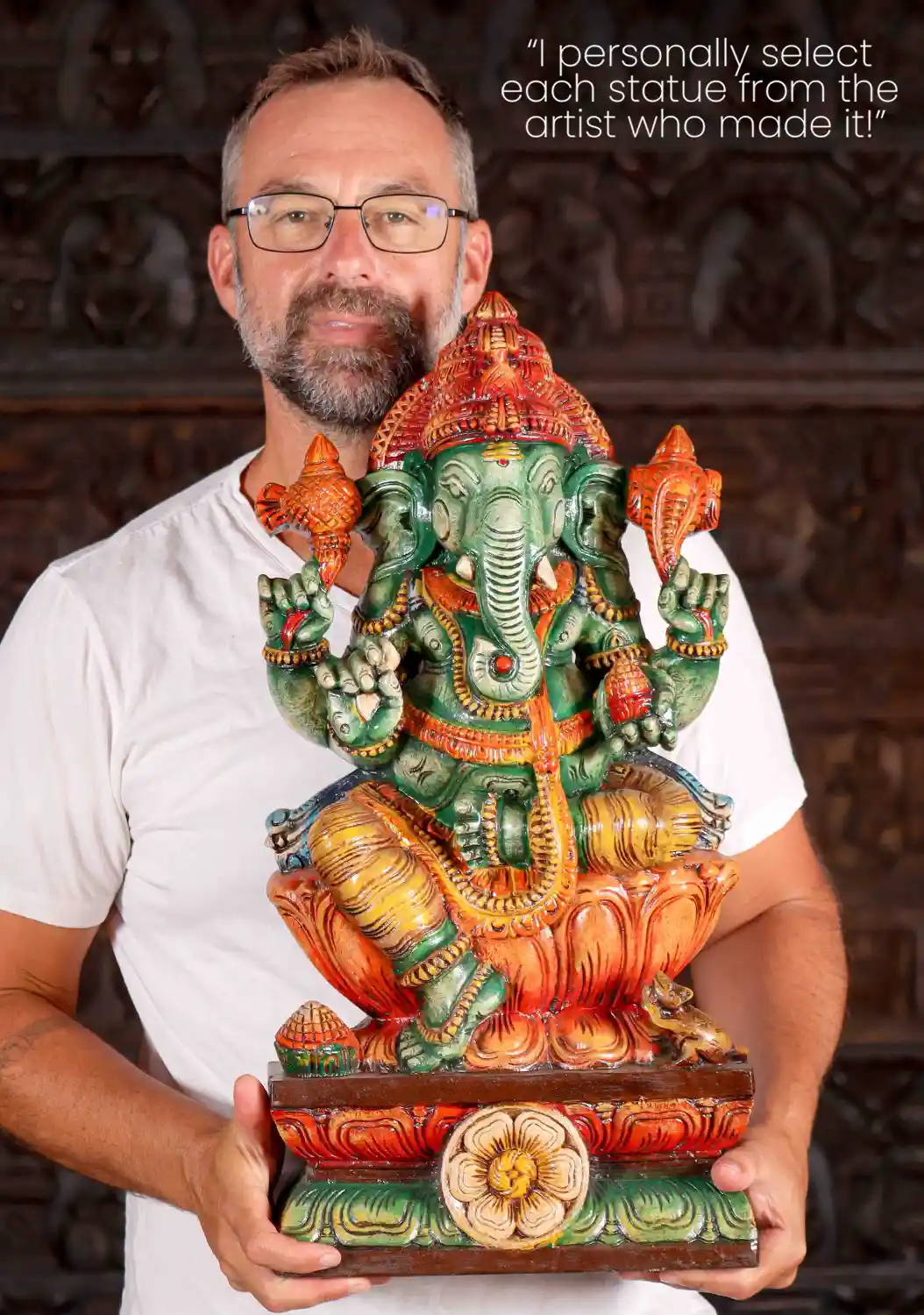 Ganesha Wood Sculpture in Lalitasana on Lotus Base with Goad, Noose, Tusk, and Sweets 24"