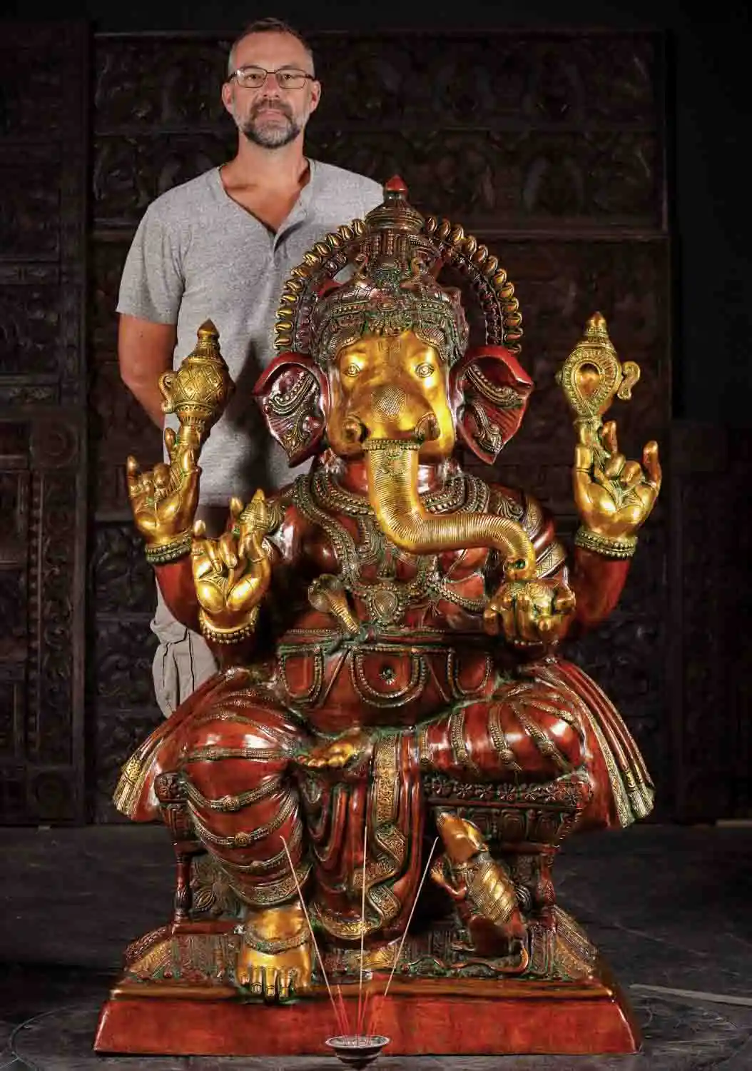 Large Ganesha Statue with Rat Mooshika Holding Broken Tusk, Goad, Noose & Laddu 61"