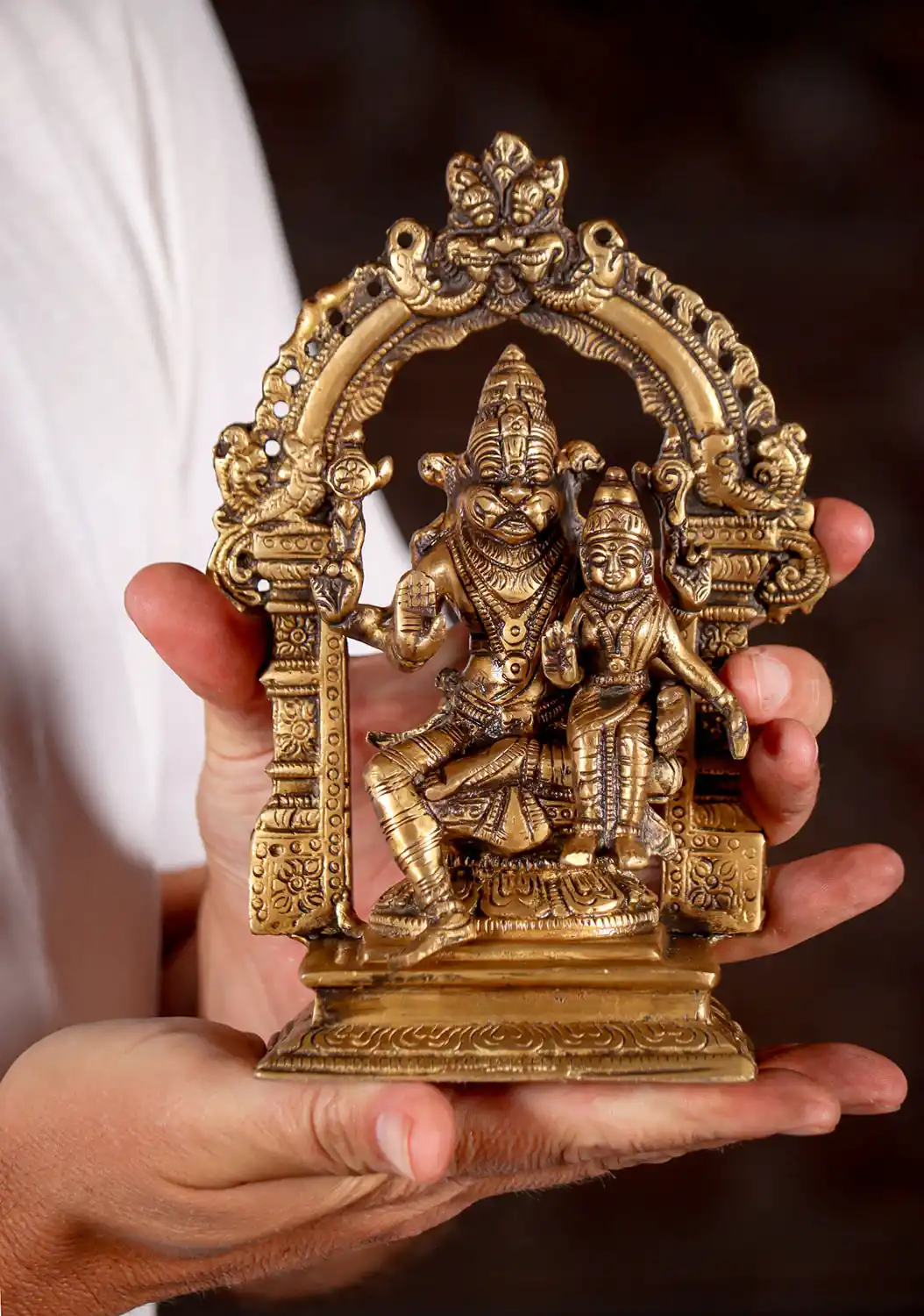 Narasimha Statue Small Brass Avatar Seated with The Hindu Goddess of Wealth Lakshmi 9"