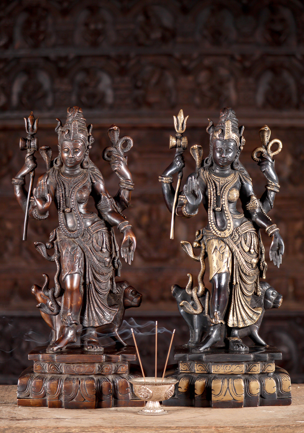 Ardhanari Statue Brass Half Shiva, Half Parvati with Nandi & Lion Vehicles 18"