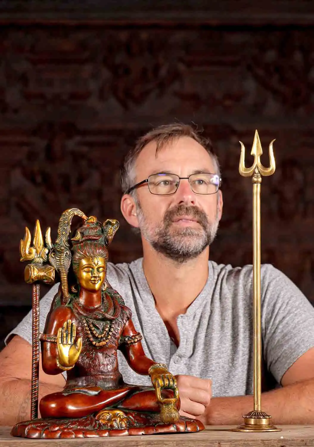 Shiva's Trident or Trishul Brass Weapon with Lotus Base Stand 20"