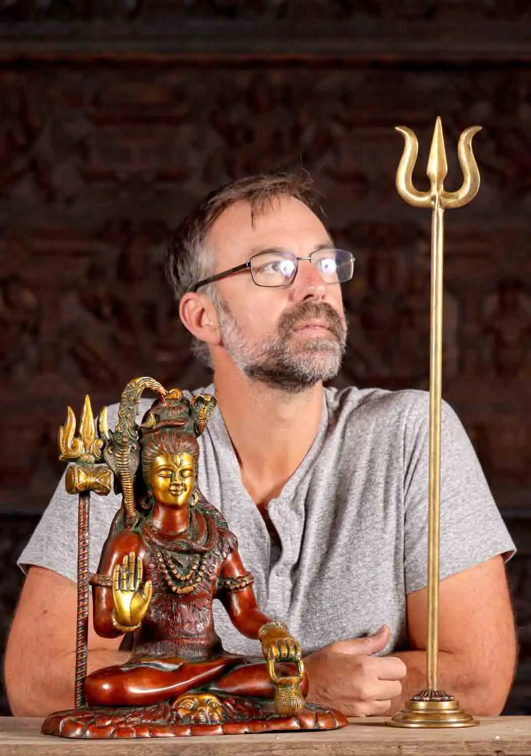 Shiva's Trident or Trishul Tall Brass Weapon with Lotus Base Stand 26"