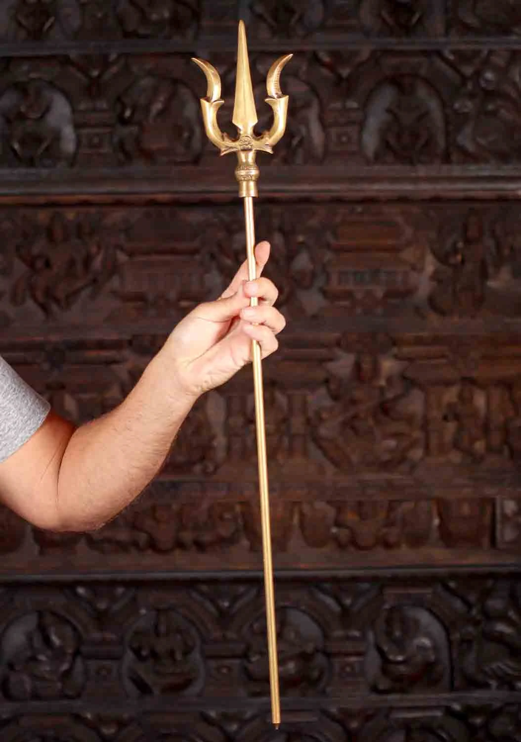 Shiva's Brass Trident (Trishul) with Solid Handle and Golden Finish, Made in India 35"