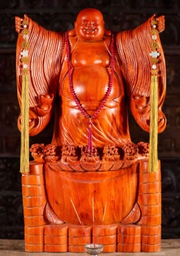 Welcoming Happy Buddha on Gold Coins with Ingots in Robes, Hand-Carved Wood Sculpture 35"
