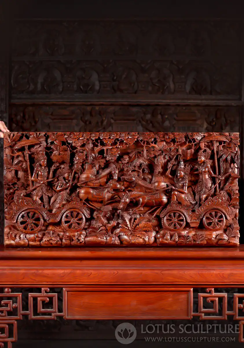 Mahabharata Epic Wooden Panel of Krishna & Arjuna Riding into Battle on Horse-Drawn Chariot 39"