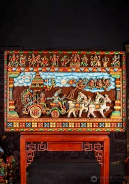 Bhagavad-Gita Wall Panel of Arjuna & Krishna on Horse-Drawn Chariot with Hanuman 72"