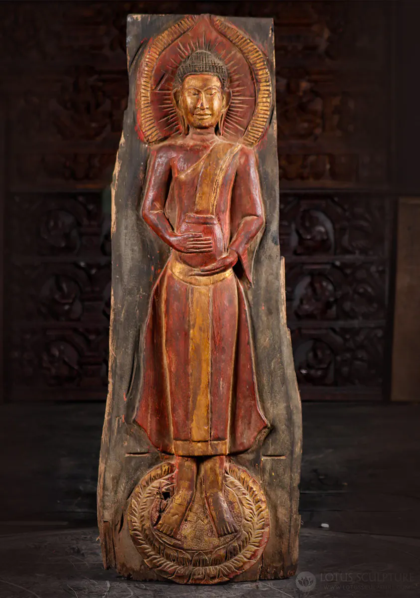 Buddha Panel Standing on Lotus with Alms Bowl, Reclaimed Wood Carved in Cambodia 56"