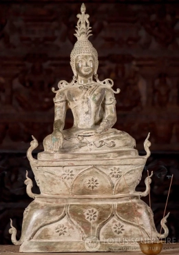 Buddha Sculpture Thai Brass Laotian Earth Touching Seated in Half Lotus on Unique Base 26"