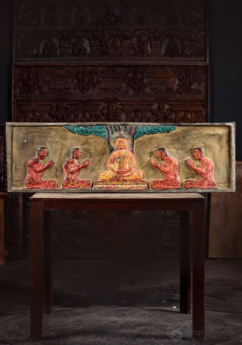 Buddha Teaching Four Disciples Under Bodhi Tree, Cambodian Hand-Painted Wood Panel 51.5"