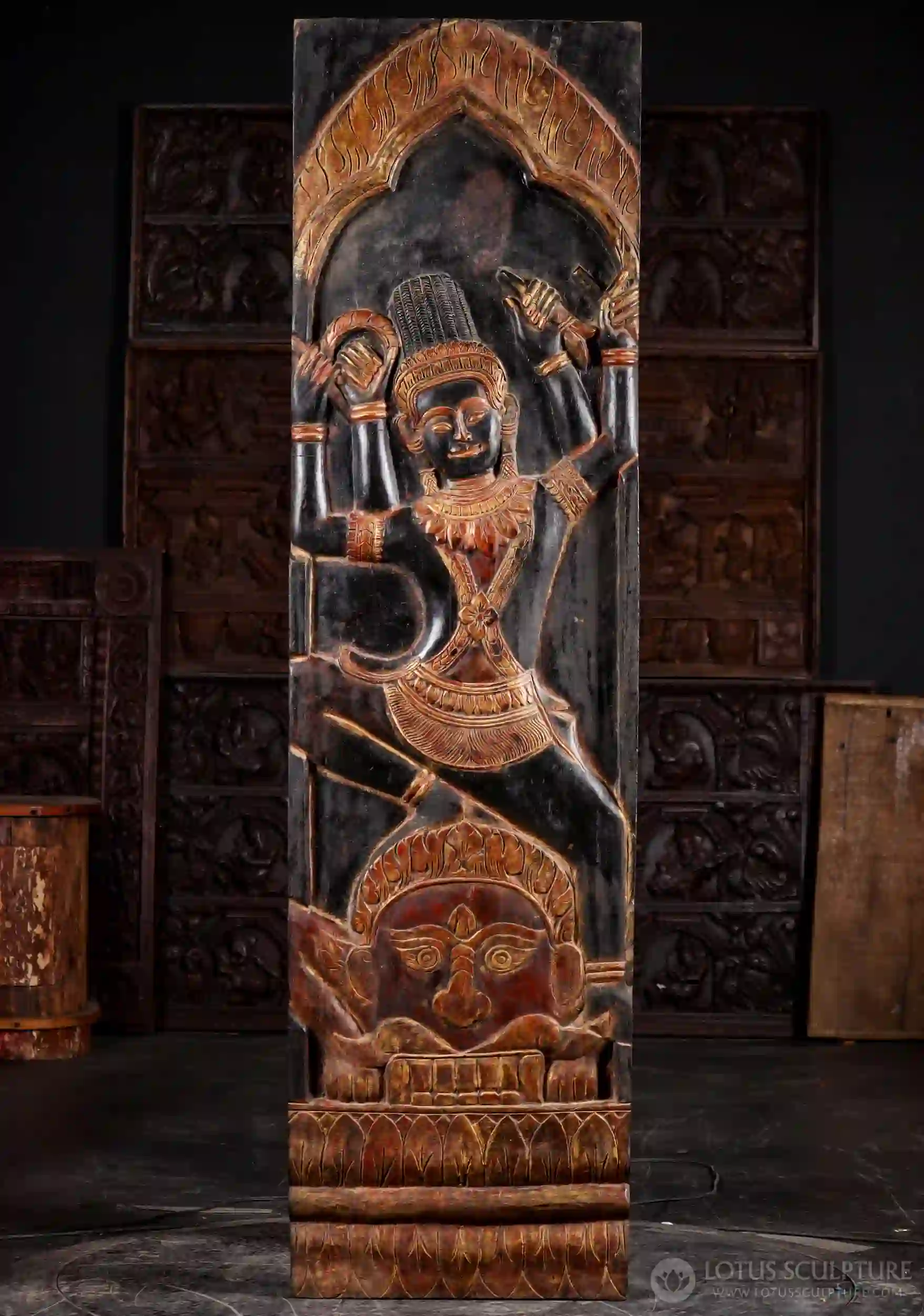 Dancing Vishnu Hindu Wood Panel with Four Arms on Asura Demon, Made in Cambodia 79"