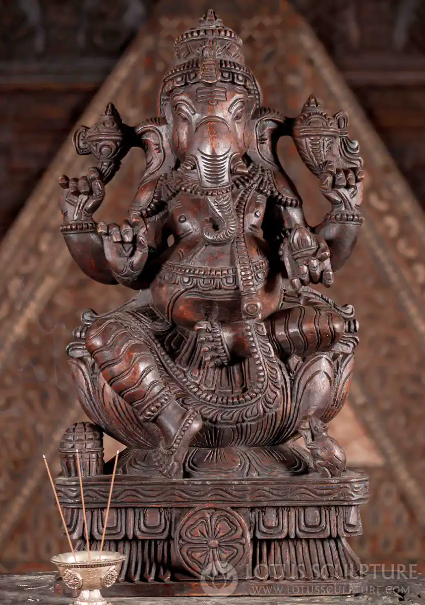Ganesha Hand-Carved Natural Wood Statue on Lotus Base with Modak & Mooshika 24"