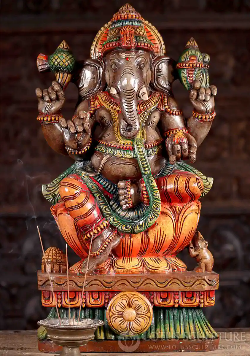 Ganesha Painted Wooden Statue on Lotus Base with Mango, Laddu, and Mooshika 24"