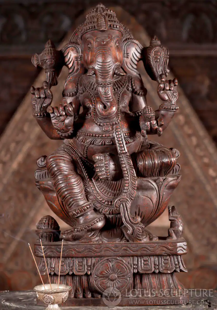 Ganesha Natural Hand-Carved Wooden Statue Seated on Lotus Base with Laddu 24"