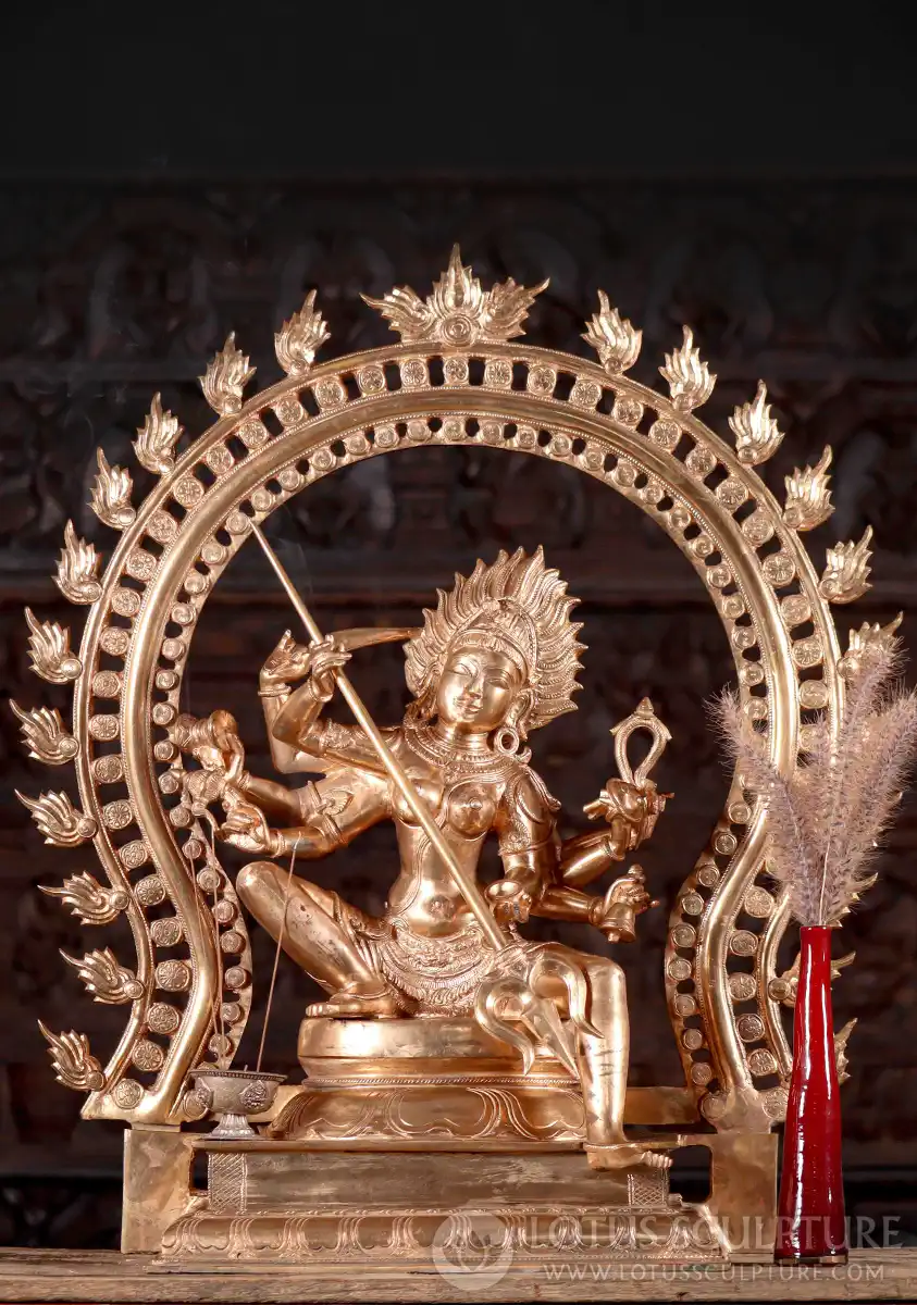 Kali Bronze Statue Seated Peacefully Under Arch, Trident, Bell, Drum, & Noose 30"