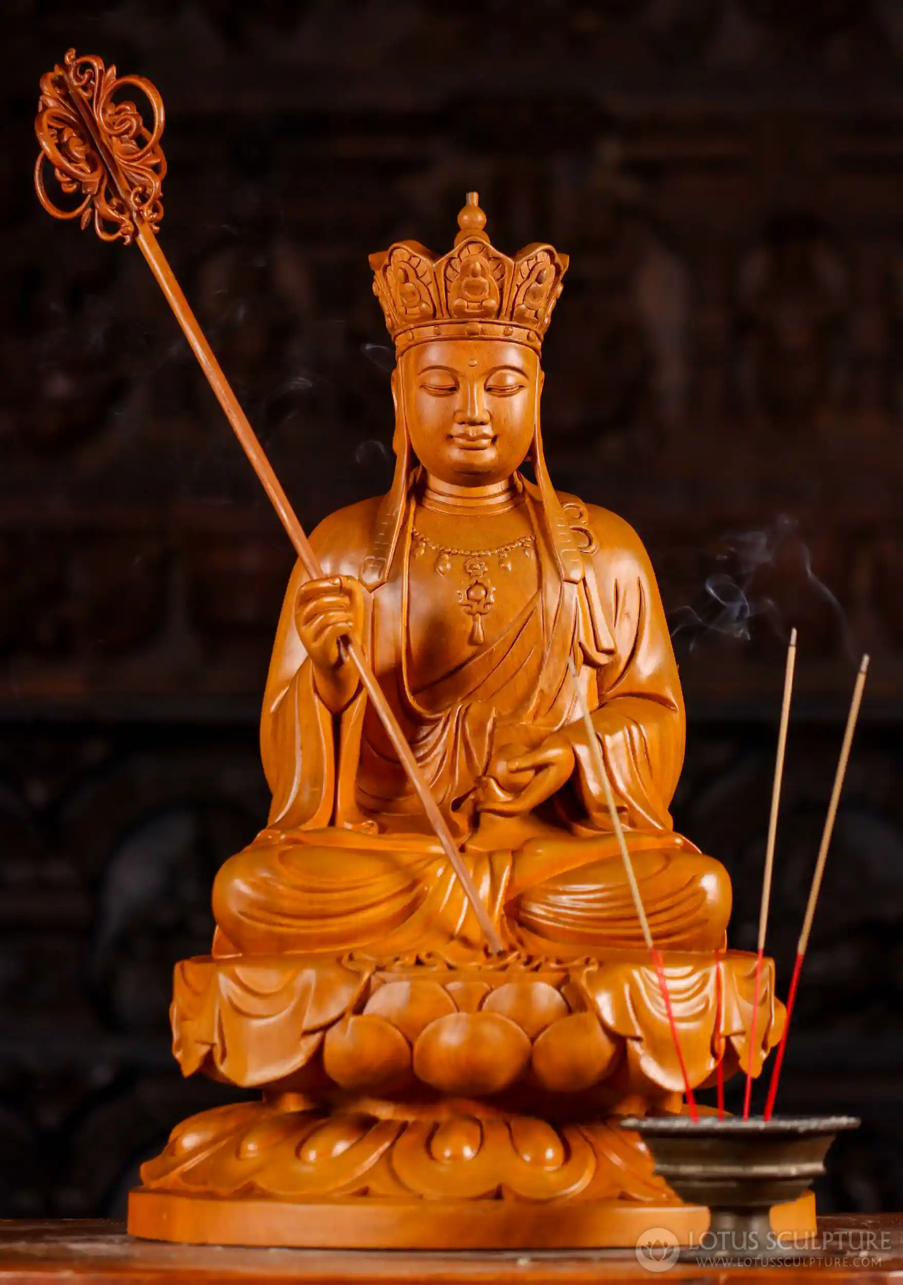 Ksitigarbha Japanese Jizo Wooden Bodhisattva Sculpture Seated on Lotus with Staff 22"
