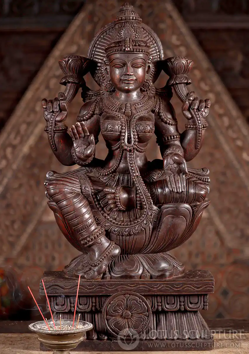 Lakshmi Dark Wood Sculpture Seated on Lotus Base in Abhaya and Varada Mudras 24"