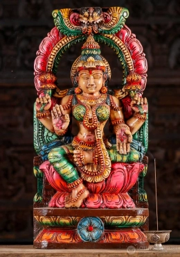 Lakshmi Hand-Painted Wood Statue Hindu Goddess Seated on Lotus with Arch 24" Lakshmi Hand-Painted Wood Statue Hindu Goddess Seated on Lotus with Arch 24"