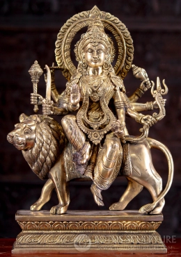 Durga Statue Brass Hindu Goddess Seated on Her Vehicle, a Lion with 8 Arms Holding Weapons 17.5" Durga Statue Brass Hindu Goddess Seated on Her Vehicle, a Lion with 8 Arms Holding Weapons 17.5"