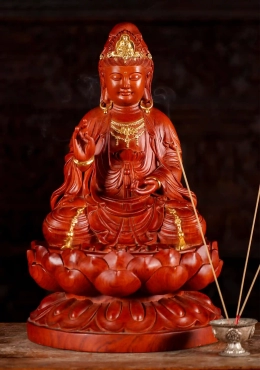 Kwan Yin Statue with Gold Leaf Accents, Wood Bodhisattva on Blooming Lotus Base 20"
