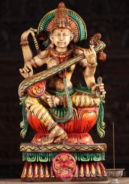 Saraswati Vibrant Wood Statue Hindu Goddess of Wisdom Playing Veena on Lotus 24"