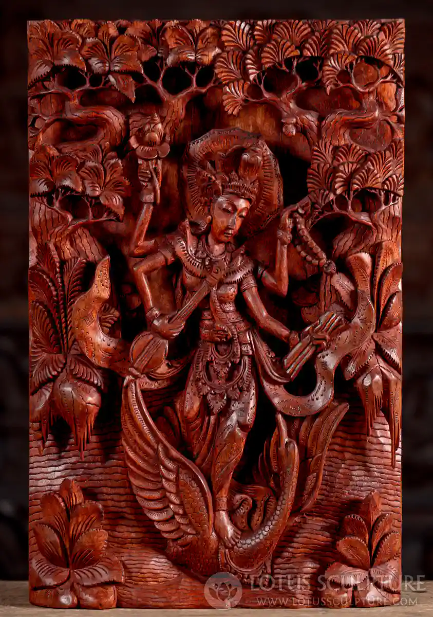 Saraswati on Swan Hand-Carved Wooden Panel with Veena, Vedas, Mala & Lotus 19.5"