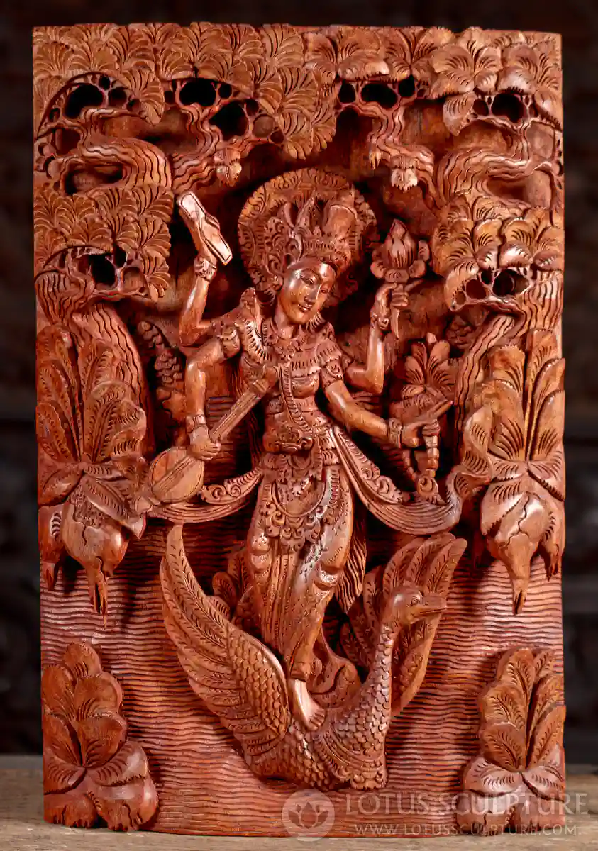 Saraswati Wooden Panel on Swan with Veena, Vedas, Mala, and Lotus Under Lush Canopy 19.5"