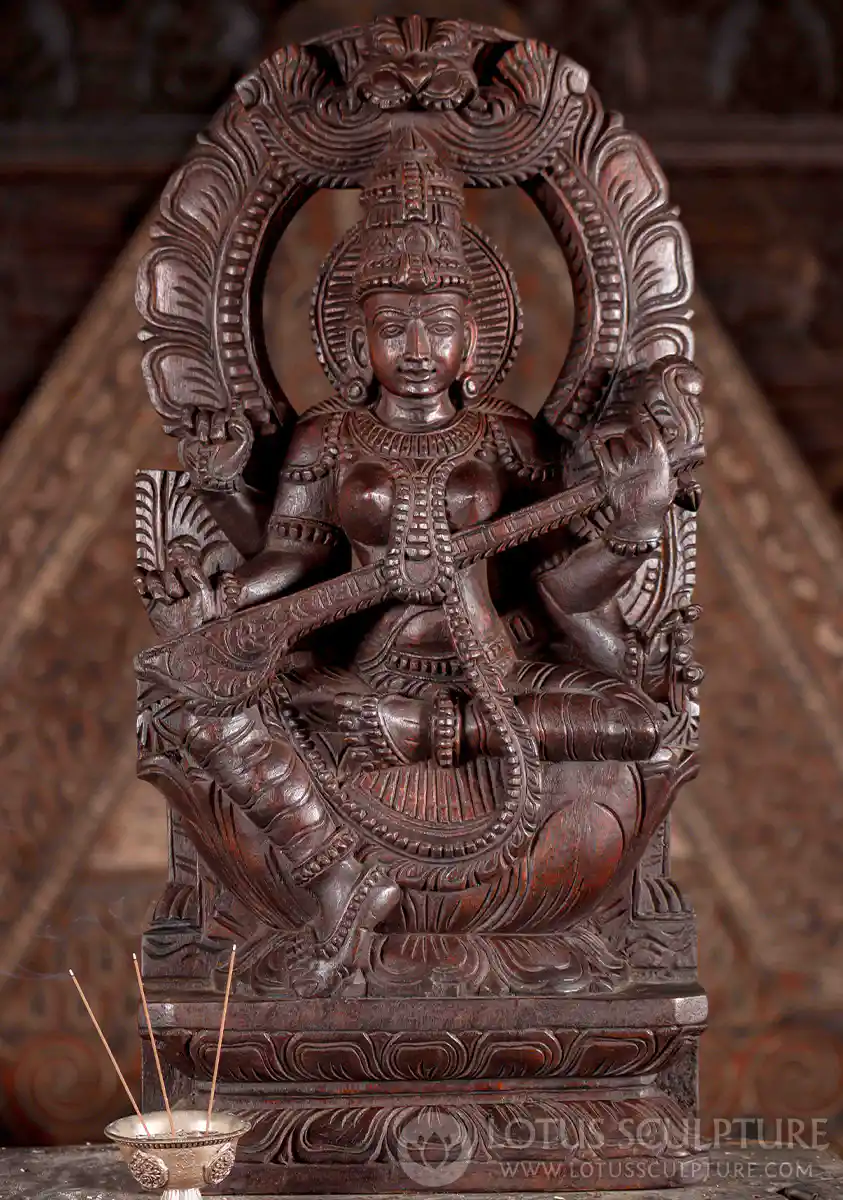 Saraswati Wood Sculpture Under Mahakala Arch Playing Veena with Mala and Vedas 24"