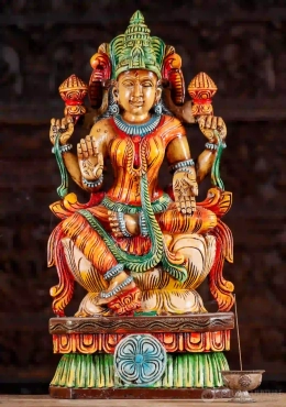 Lakshmi Wooden Statue Seated on Lotus, Hand-Painted with Abhaya and Varada Mudra 24" Lakshmi Wooden Statue Seated on Lotus, Hand-Painted with Abhaya and Varada Mudra 24"