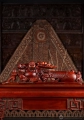 Hotei Happy Buddha with Three Children, Wood Carving Holding Lily Pad with Peaches 35"