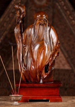 Lao Tzu Wooden Sculpture with Peach Tree Branch on Modern Base, Hand-Carved Sage 21.5" Lao Tzu Wooden Sculpture with Peach Tree Branch on Modern Base, Hand-Carved Sage 21.5"