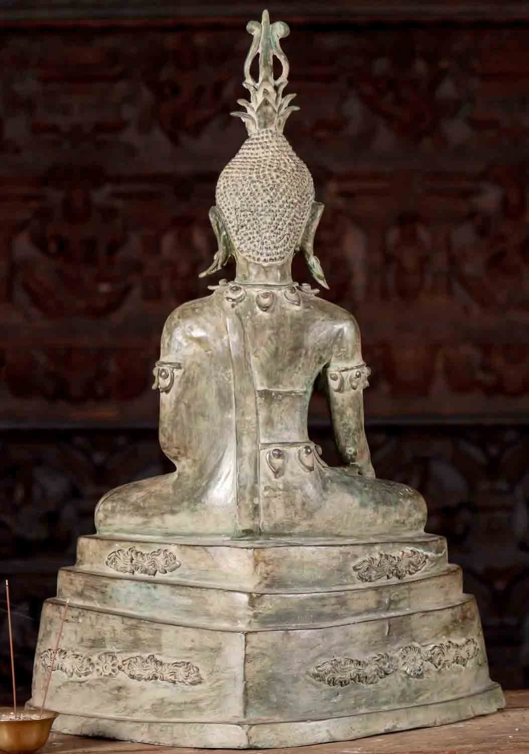 Buddha Statue Brass Laotian Style Seated on Three Tiered Base Wearing Headdress 26"