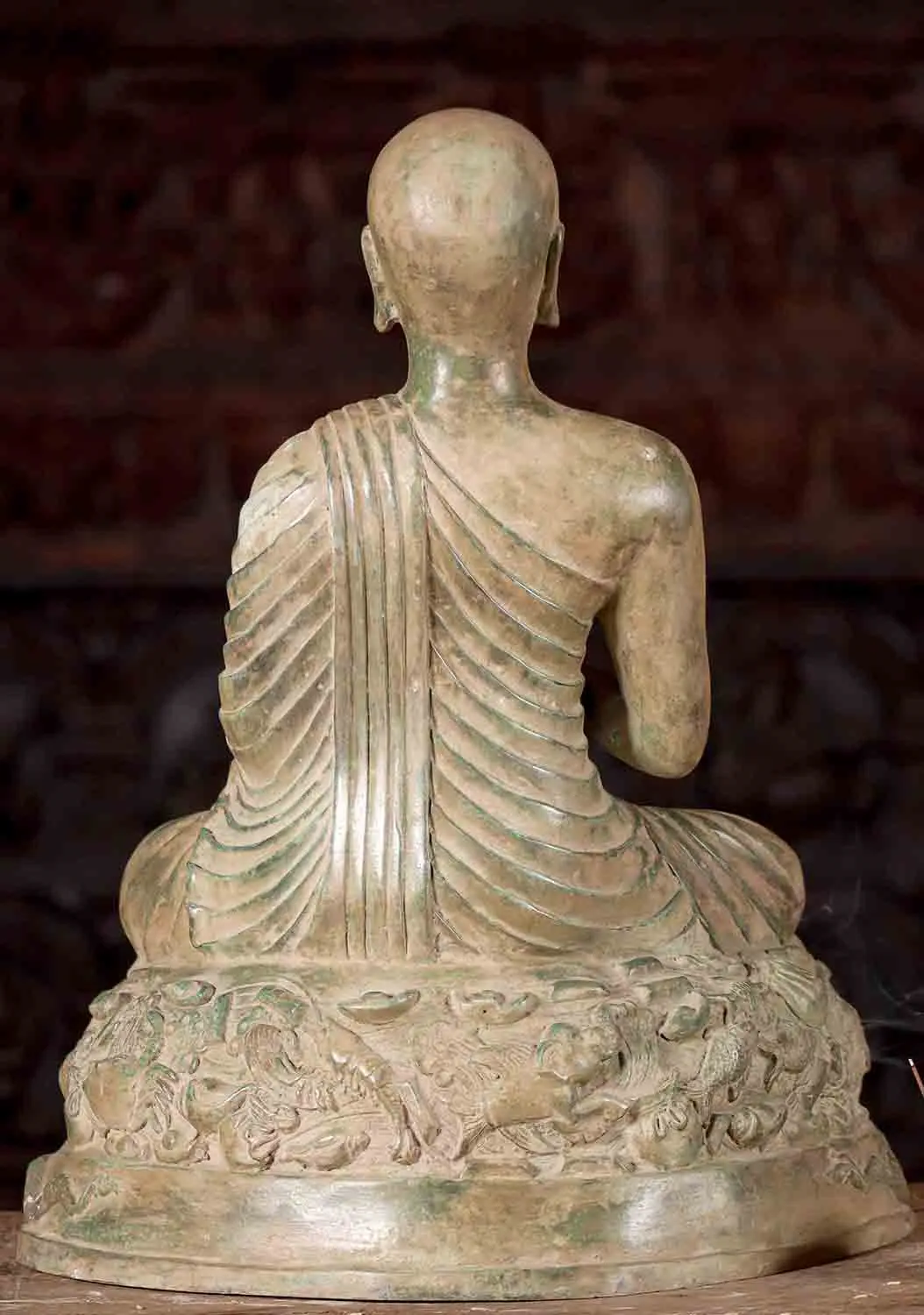 Brass Buddhist Monk Statue with Alms Bowl Seated on Top of Ocean with Nagas, Fish & Turtles 19"