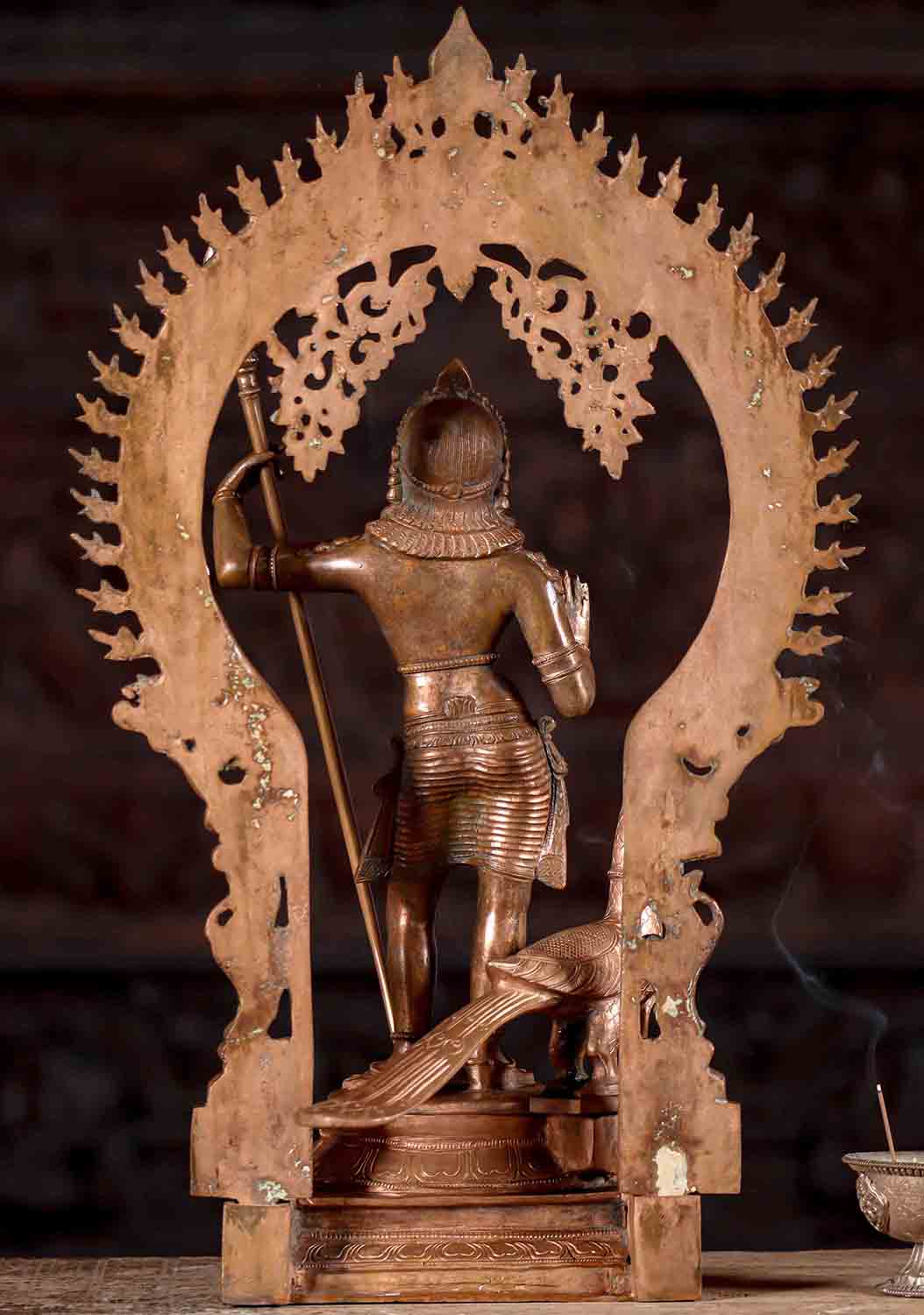 Murugan Polished Bronze Statue Standing with Peacock and Spear in Abhaya Mudra 18"