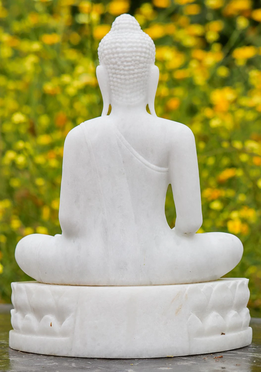 Buddha Statue in Earth Touching Mudra on Separate Lotus Base in White Marble 15"