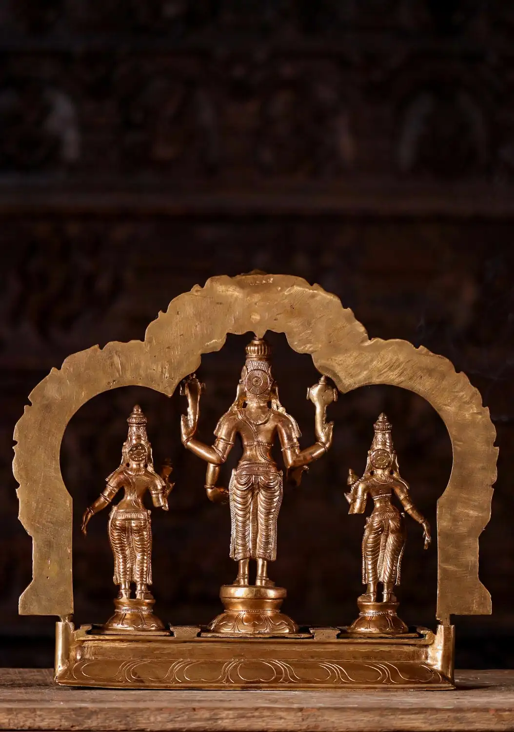 Vishnu with Bhudevi and Shreedevi Bronze Statue Set with Mahakala Arch 13"