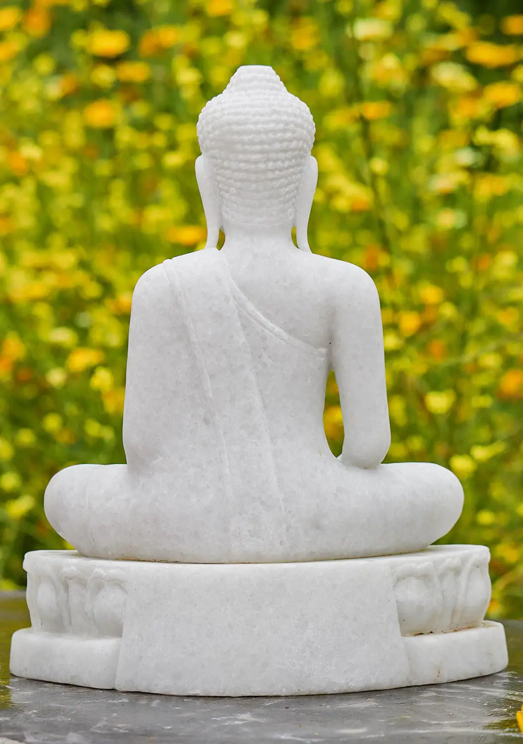 Small Buddha Statue Earth Touching on Lotus Base, Marble Garden Statue For All Weather 15"