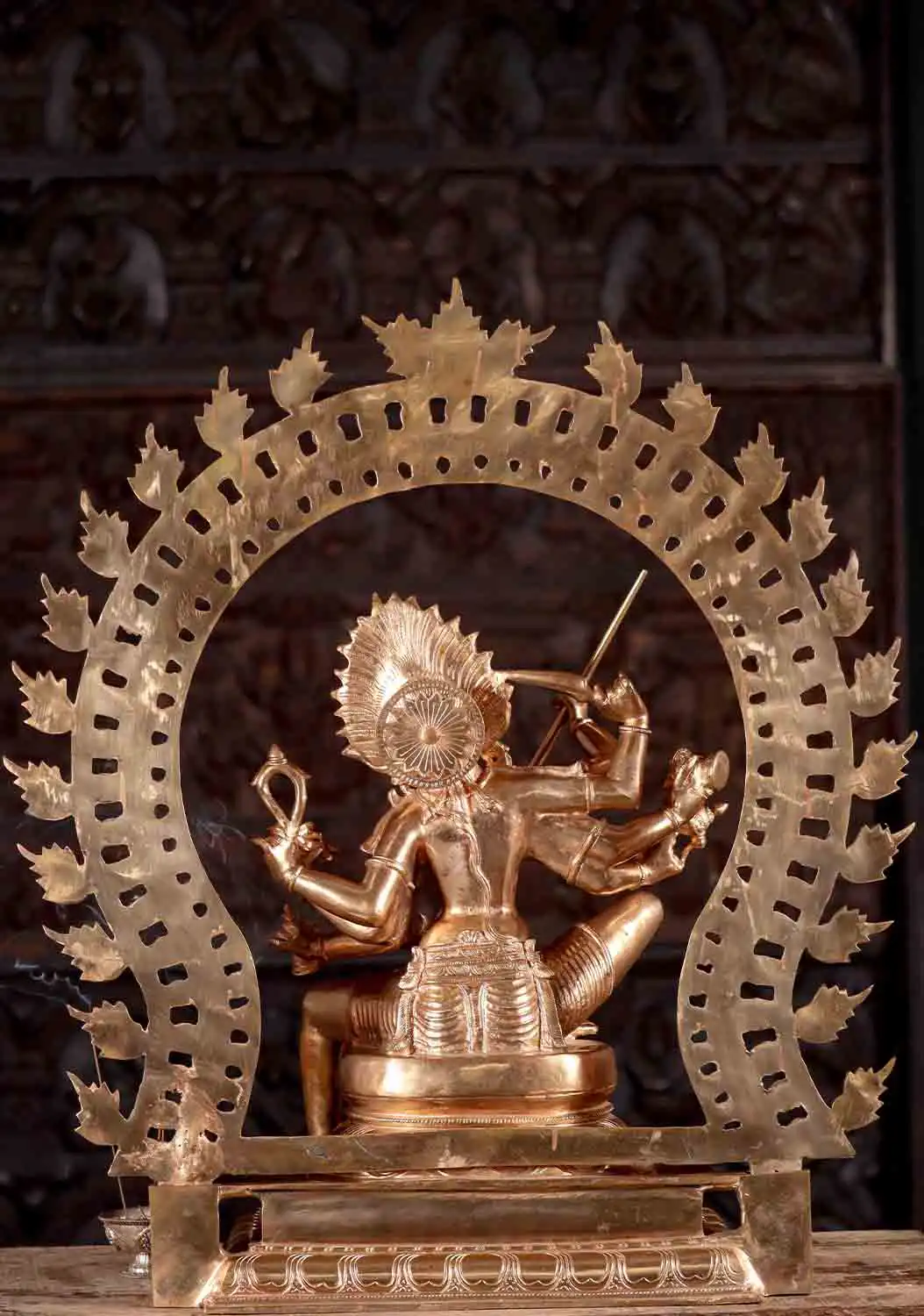 Kali Bronze Statue Seated Peacefully Under Arch, Trident, Bell, Drum, & Noose 30"