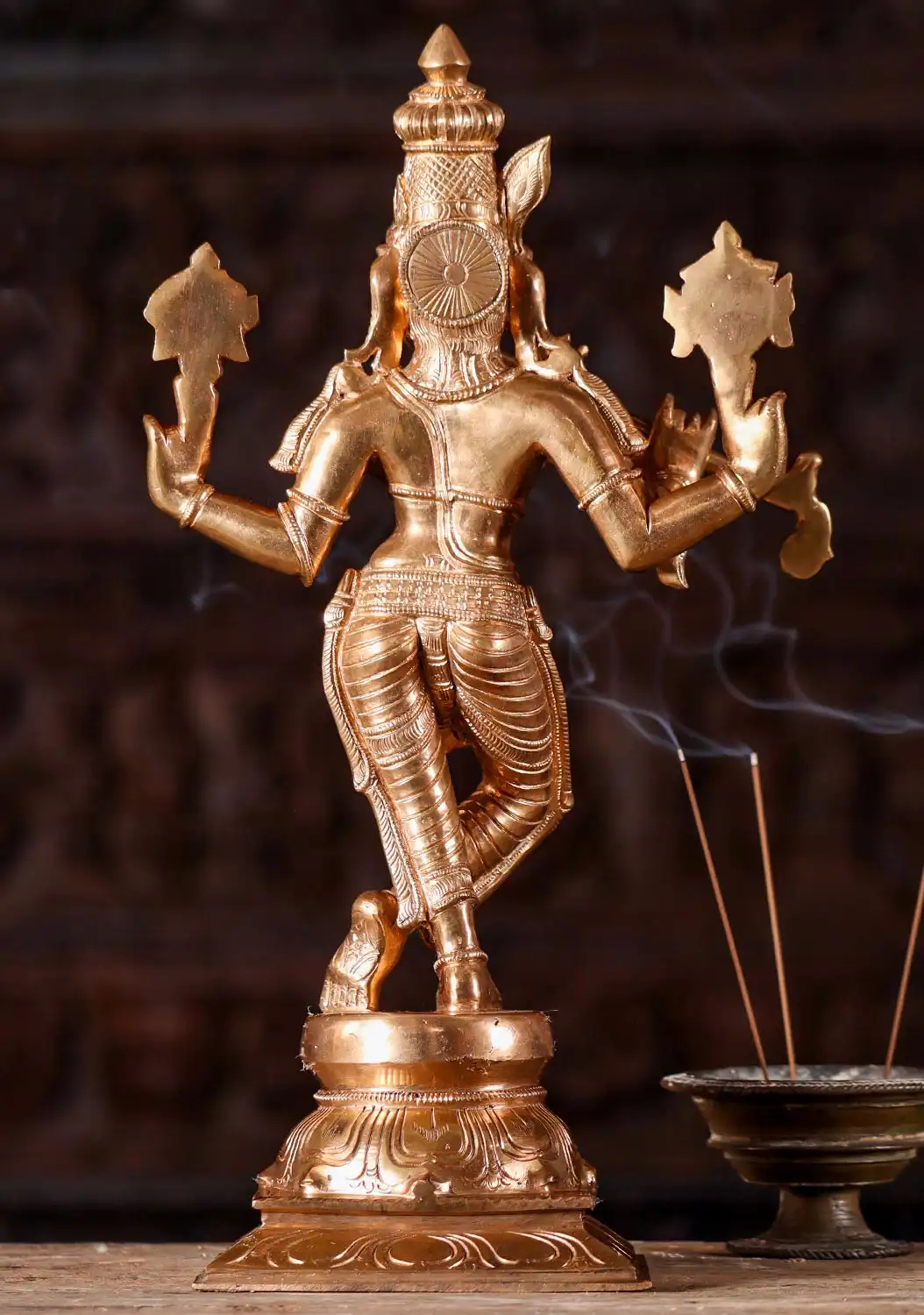 Venugopal Statue the Synthesis of Krishna & Vishnu in 1 Form Polished Golden Bronze 17"